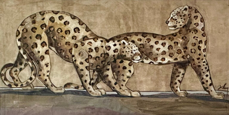 Marta Johan Milossis (1957), grande huile sur toile représentant deux panthères