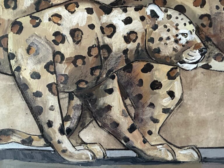 Marta Johan Milossis (1957), Grande huile sur toile "2 panthères tachetées"
