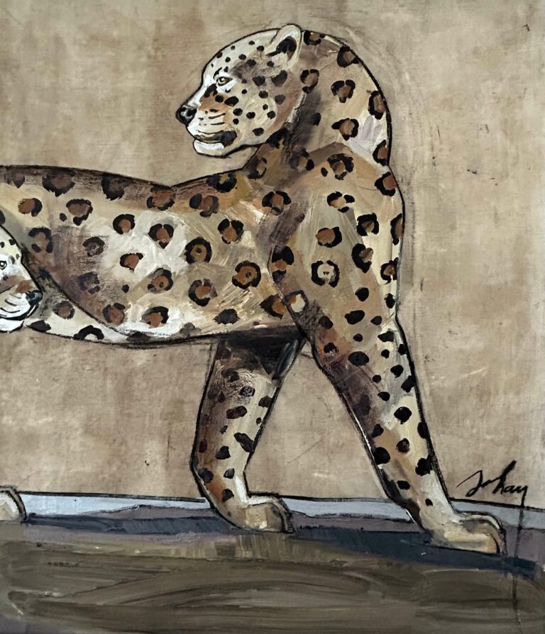 Marta Johan Milossis (1957), Grande huile sur toile "2 panthères tachetées"
