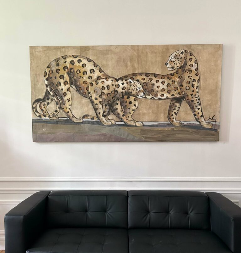 Marta Johan Milossis (1957), Grande huile sur toile "2 panthères tachetées"